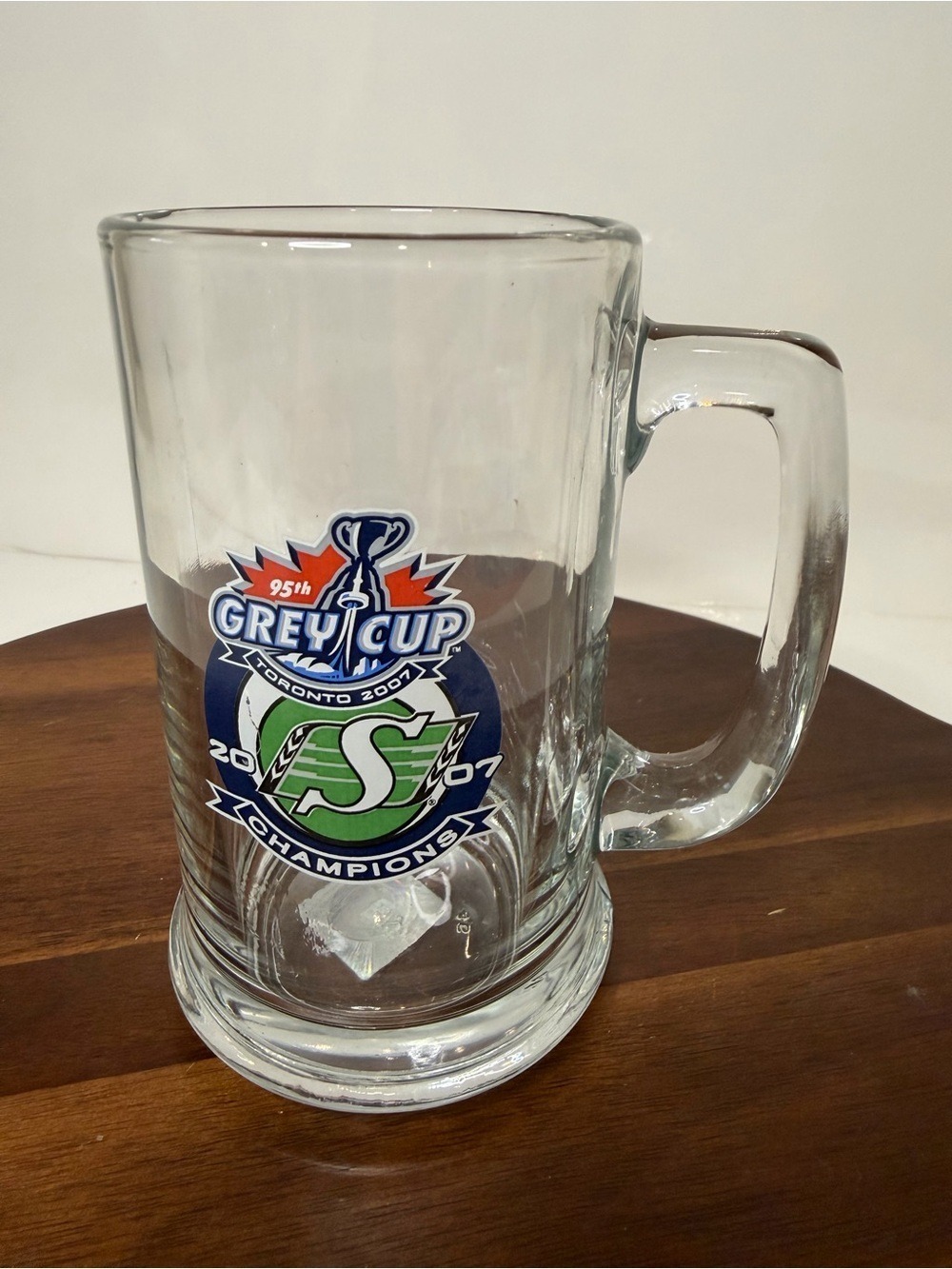 Saskatchewan Roughriders 2007 Grey Cup Champions Glass Beer Mug CFL Licensed